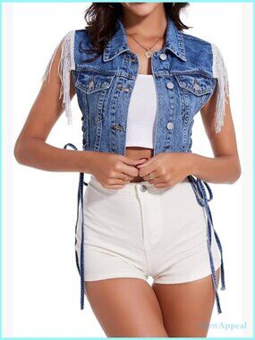 Fringe Sleeveless Cropped Denim Vest Jean Jacket Cowgirl Top